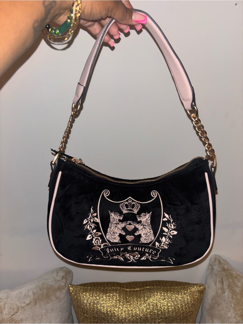 Juicy Couture Black Velvet Shoulder Bag with Pink Trim